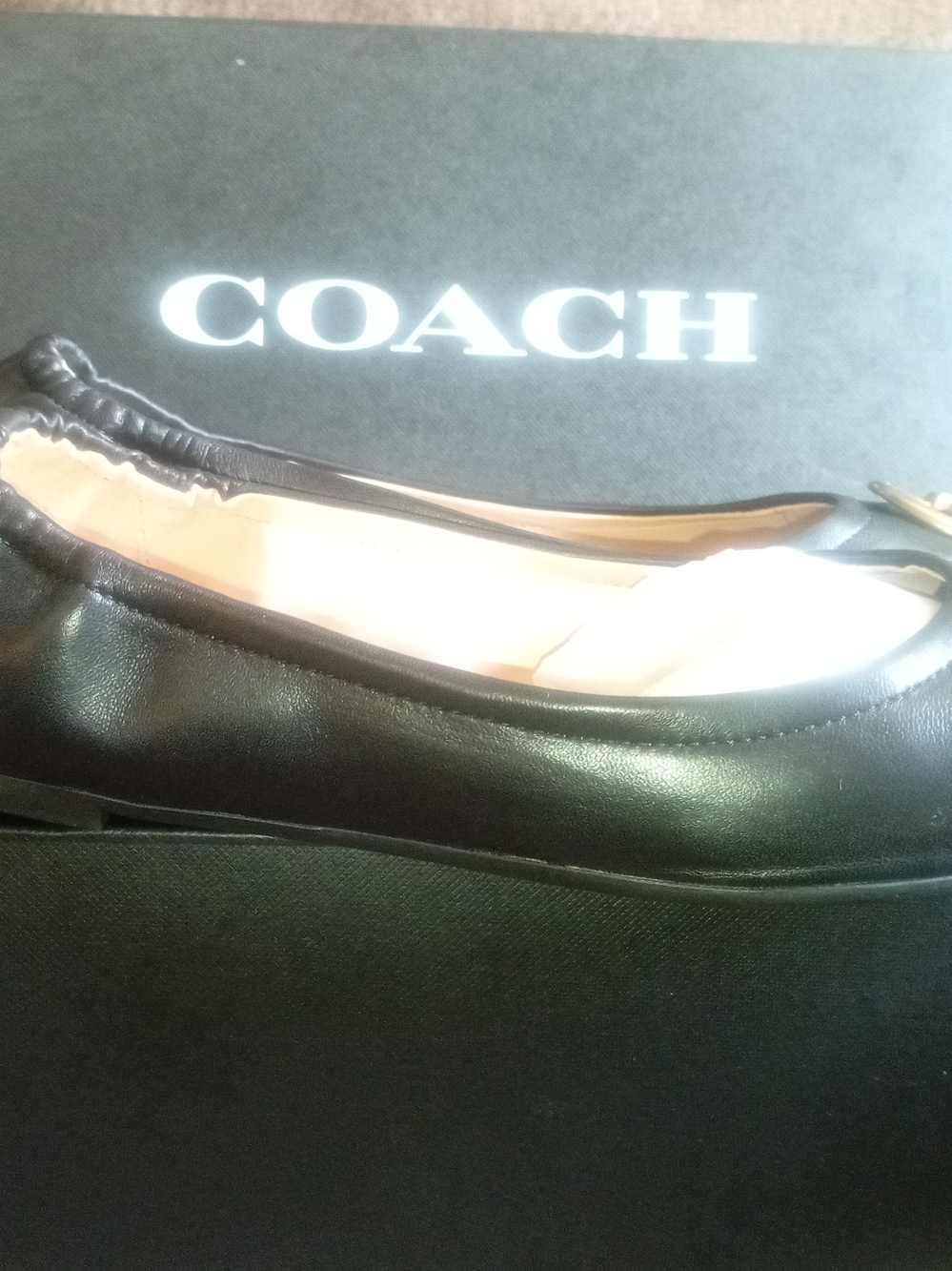 COACH Women's Black Leather Ballet Flats with Gold Hardware - Picture 2 of 6
